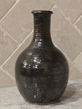 Vintage Mid-Century Modern Signed Studio Pottery Tenmoku Glazed Black Art Vase